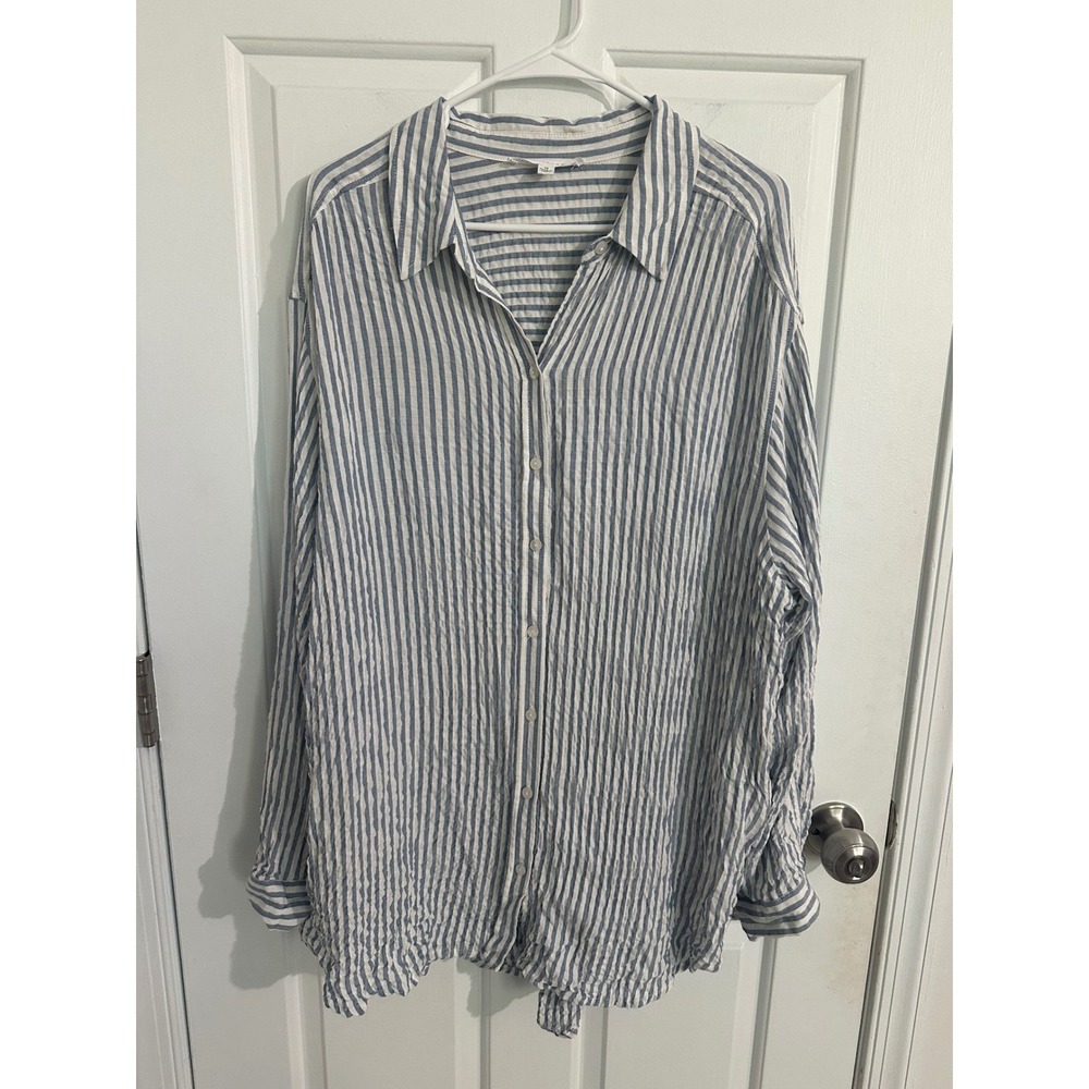 Jane‎ + Delancey Women's 1X Striped Button-Down Shirt Blouse Blue White Rayon
